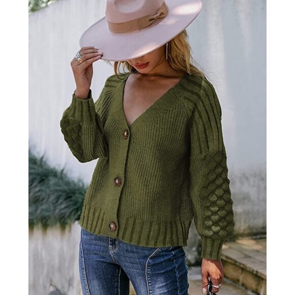 Army Green Chunky Cable Knit Button Down‎ Oversized Sweater Cardigan Top - Picture 1 of 5